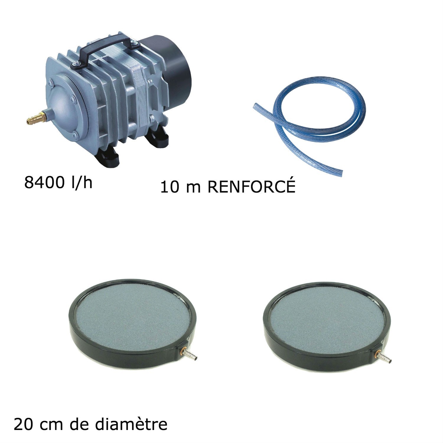 Set aération bassin de jardin 7500 l/h 2 disques 20 cm de 15000 à 20000 litres