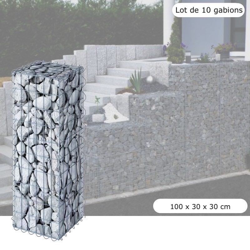 Lot De 10 Gabions En Métal Galvanisé, Robuste, Résistant, 100 x 30 x 30 cm