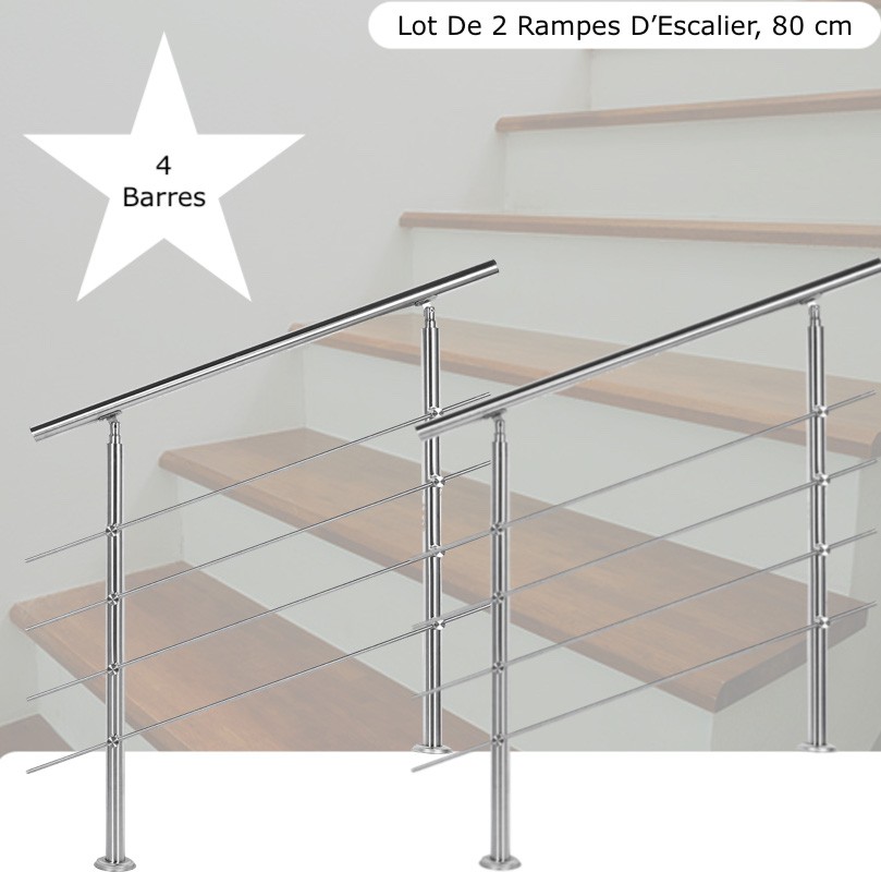 Lot de 2 : Rampes D'Escalier Sur Pied, 80cm, Acier Inoxydable, 4 barres