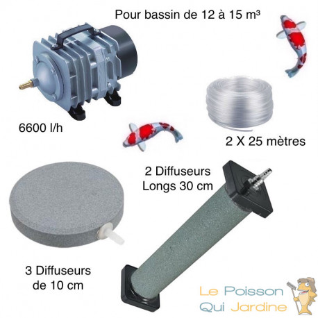 Set aération bassin de jardin 3 Disques 10 cm + 2 diffuseurs 30 cm de 12000 à 15000 l