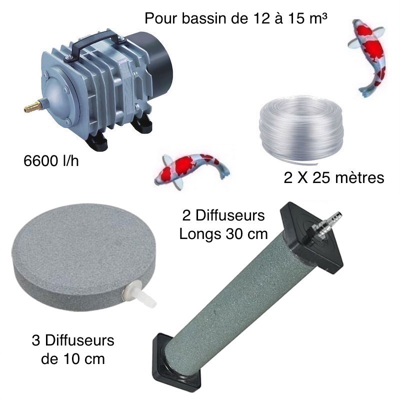 Set aération bassin de jardin 3 Disques 10 cm + 2 diffuseurs 30 cm de 12000 à 15000 l