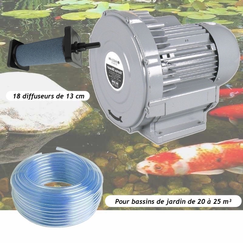 Kit Pompe À Air Vortex Turbine 21000 l/h + 18 Diffuseurs 13 cm De Long Pour Bassins De Jardin