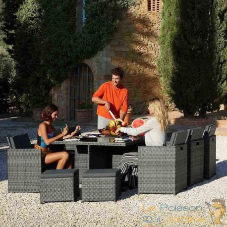 Salon de jardin GRIS CLAIR 10 places avec 2 sets de housses + housse de protection