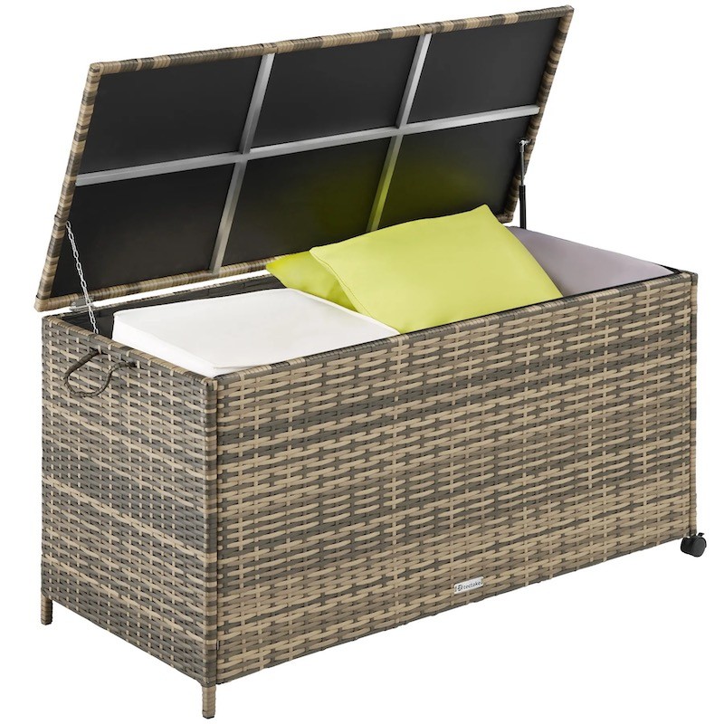 Coffre de rangement marron clair 297L avec cadre en aluminium et roues dimensions 117x54x64cm