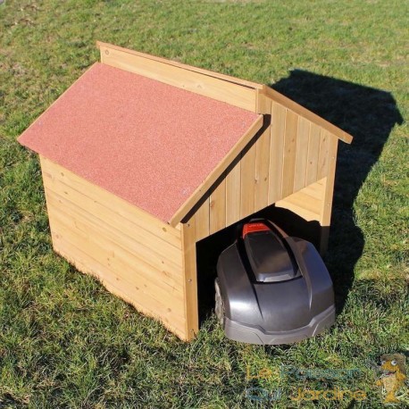 Cabane, toit décalé carport ou garage pour robot tondeuse. En bois brun