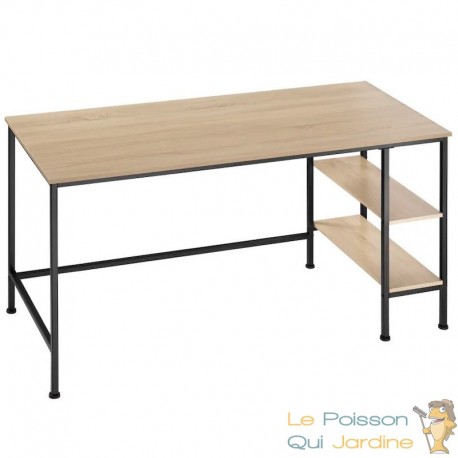 Table de bureau 2 étagères style industriel et loft en bois clair 140 cm