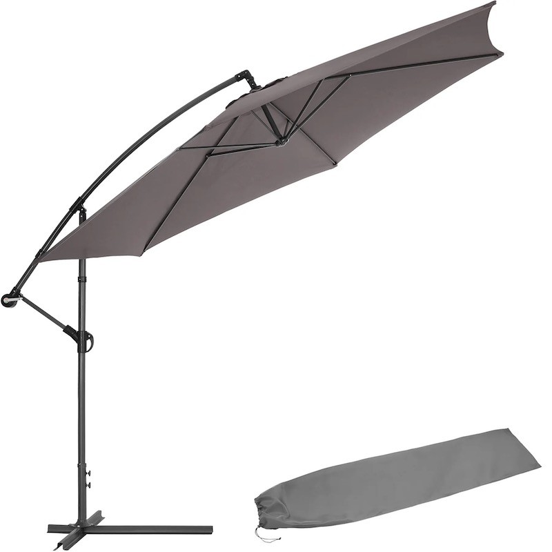 Parasol gris de 350 cm, belle qualité de finition avec une housse de protection incluse