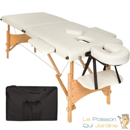 Table de massage pliable en bois beige avec réglage de hauteur et accoudoirs.