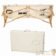 Table de massage pliable en bois beige avec réglage de hauteur et accoudoirs.