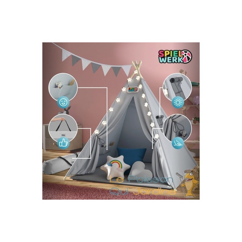Tente de jeu Tipi Enfant avec Tapis - AMAZINGGIRL - Modèle 1 - Coton - Gris