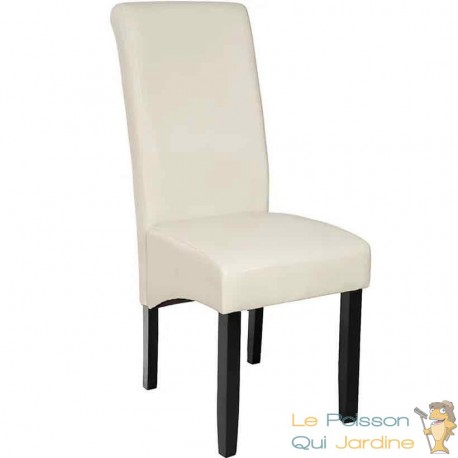 Chaise de Salle à Manger blanche crème aspect simili cuitr avec pieds en bois résistants