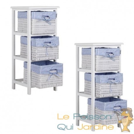 Lot de 2 Paniers à linge en Osier et Tissu Blanc imprimé Bleu - Rangements  de salle de bains - Décomania