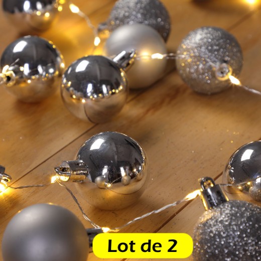 Lot de 2 Guirlandes de Noël Boules et LED sapin 2m ARGENT