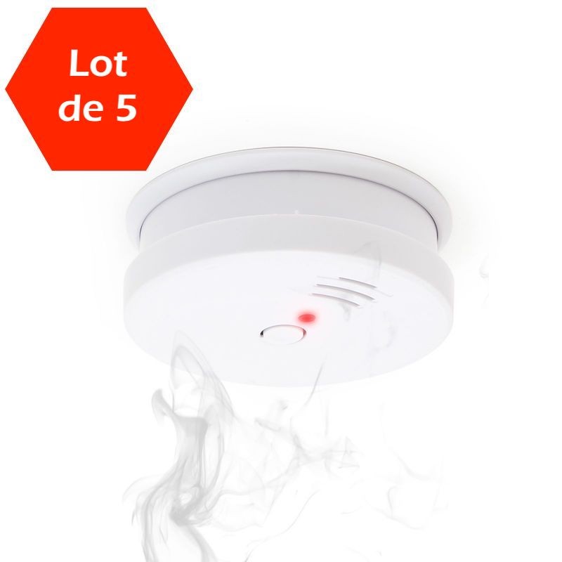 Lot de 5 Détecteurs de fumée + Pile 9V. Alarme Incendie Certifiée Normes Européennes