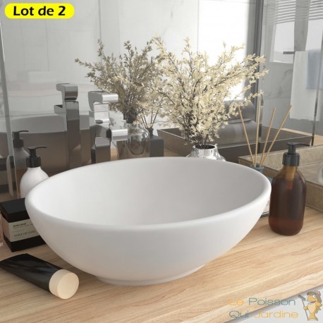 Lot de 2 Vasques de Salle de Bain Ovale. Blanc Mat. Lavabo moderne SANS Mitigeur