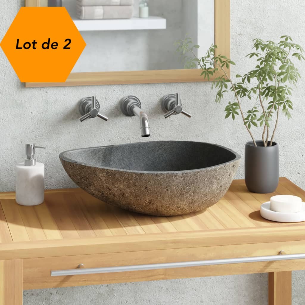 Lot de 2 Lavabos Ovales 46 cm en Pierre Naturelle : Élégance pour Votre Salle de Bains