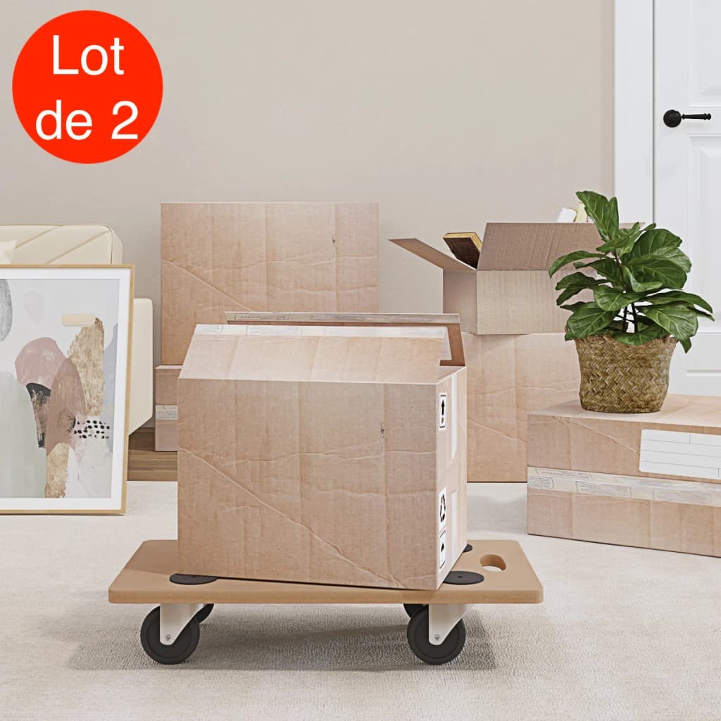 2 Chariots Manutention sur roulettes, Longueur 57,5 cm Charge Bois clair De 250 kg Avec Roulettes