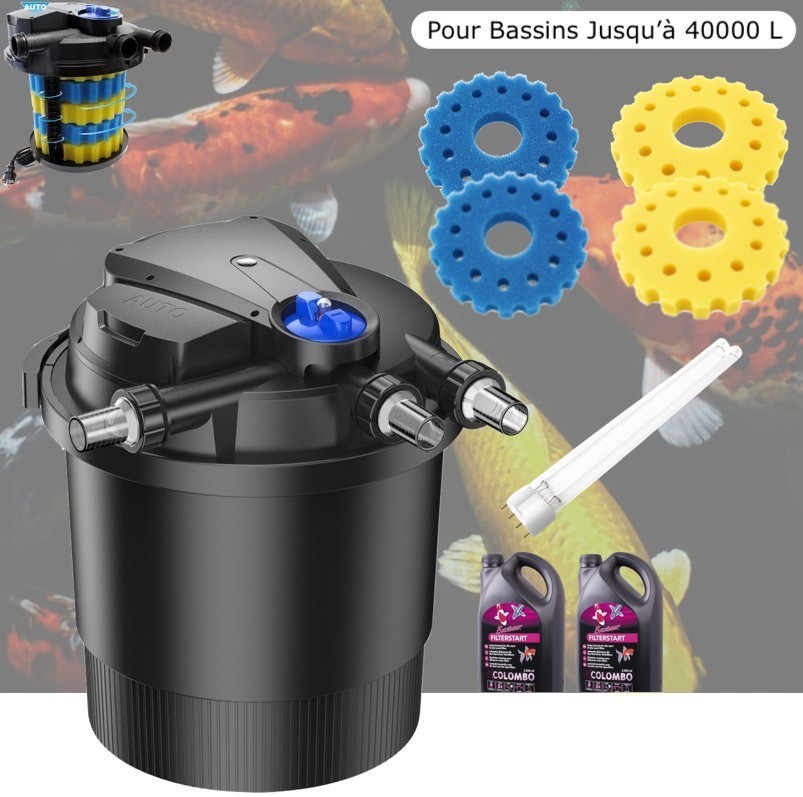 Filtre Bassin De Jardin Sous Pression, UV 36W, + Ampoule, bactéries et mousses de remplacement Max 40000 Litres.