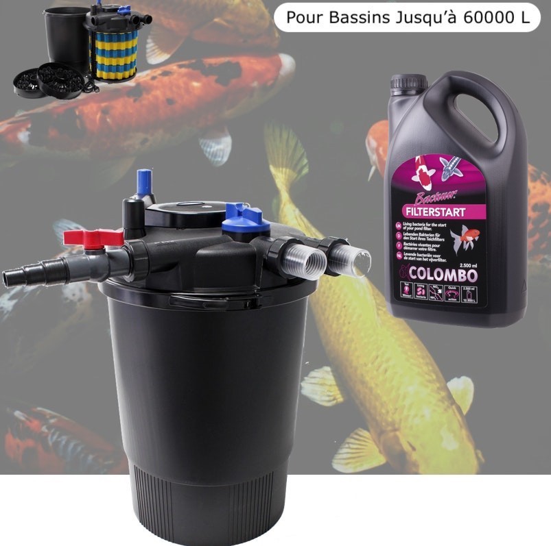 Filtre Bassins De Jardin Sous Pression UV 55W + Bactéries 2500 ml Jusqu'à 50000 L. Eau propre