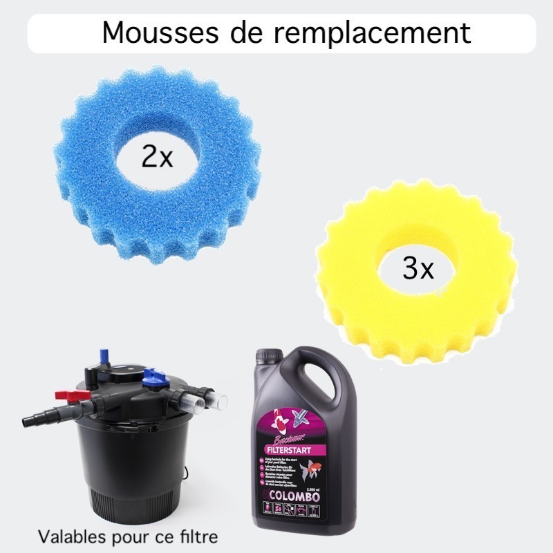 5 Mousses De Remplacement Filtre Bassin Sous Pression 36W 40 m³ + Bactéries 2500 ml