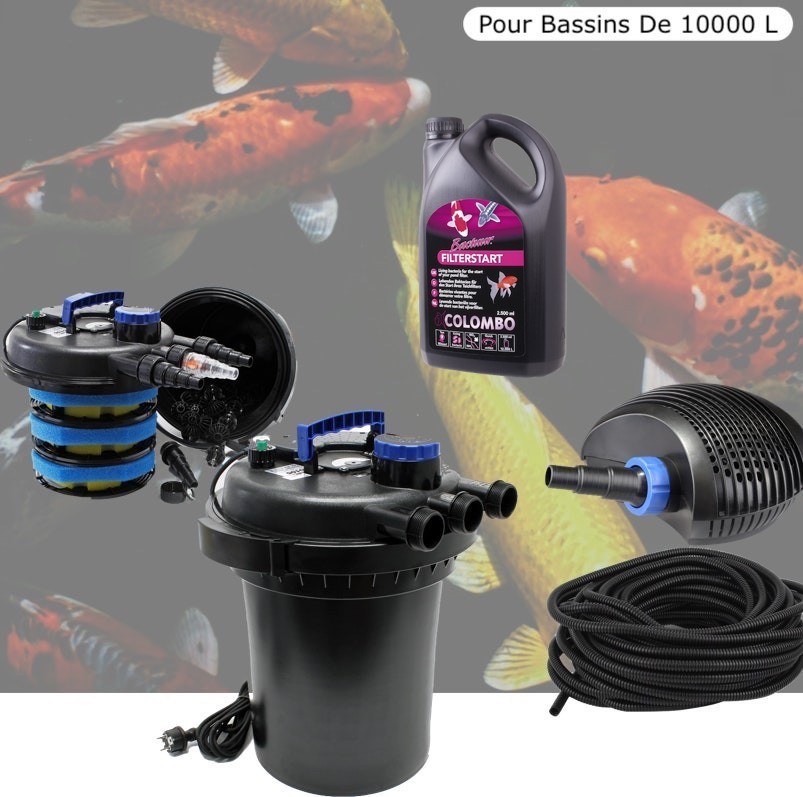 Kit Filtre Pression, 11W, + bactéries 1000 ml Complet Pour Bassins De 10000 litres