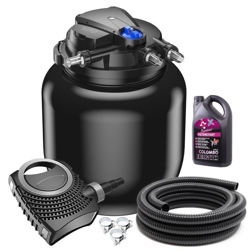 Kit Filtration Bassins De jardin, Sous Pression, UV 55W, + Bactéries 2500 ml Jusqu'à 100000 Litres