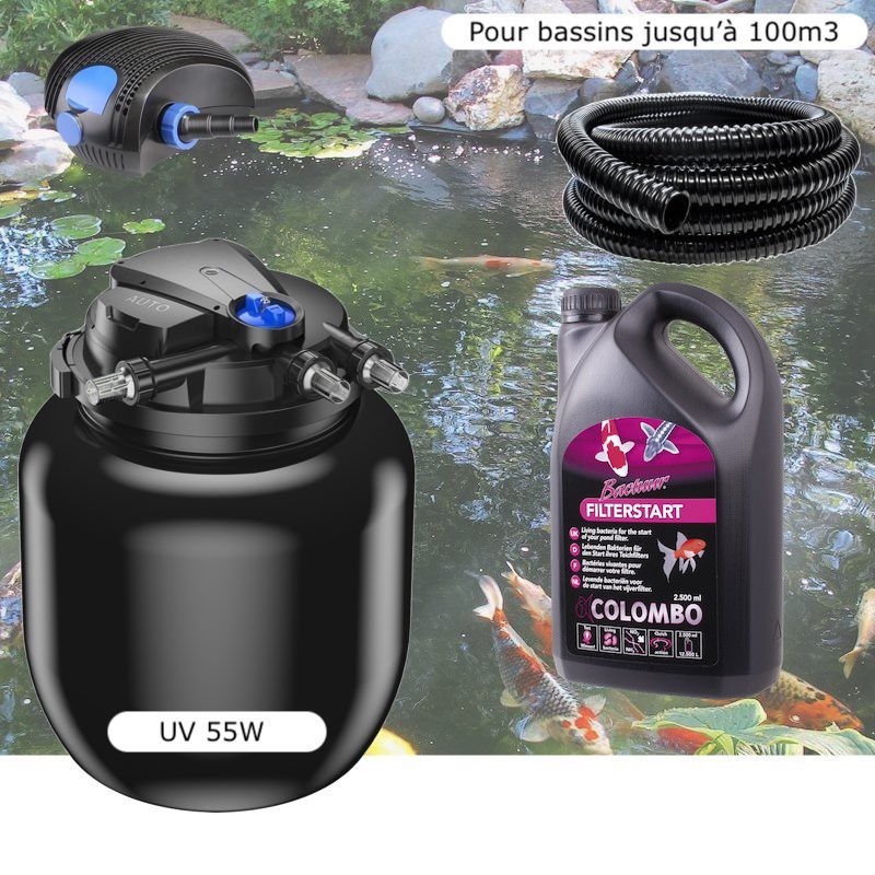 Kit Filtre Pression UV 55W, Pompe, Tuyau, Pour Bassins De 100000 L + Bactéries 2500 ml