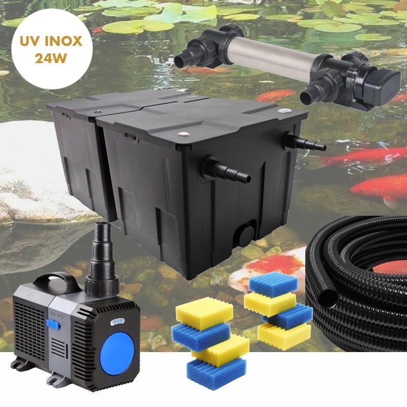 Kit De Filtration UV 24W INOX + 8 mousses de rechange Pour Bassin De Jardin De 15 m3 avec poissons