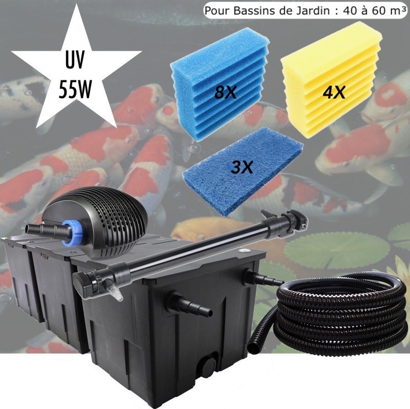 Kit De Filtration, UV 55 W + Jeu de mousses, Pour Bassin de Jardin : 40 à 50 m³