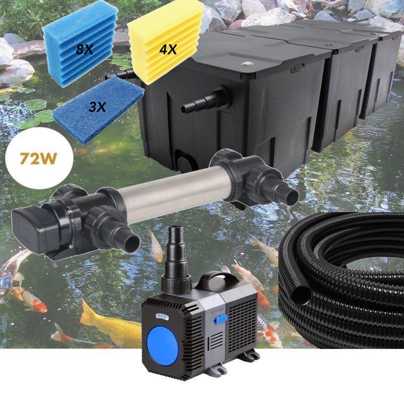 Kit Filtration UV 72 W Inox, + Jeu de mousses Pompe Bassin, Tuyau Bassin de Jardin: 40-60 m³