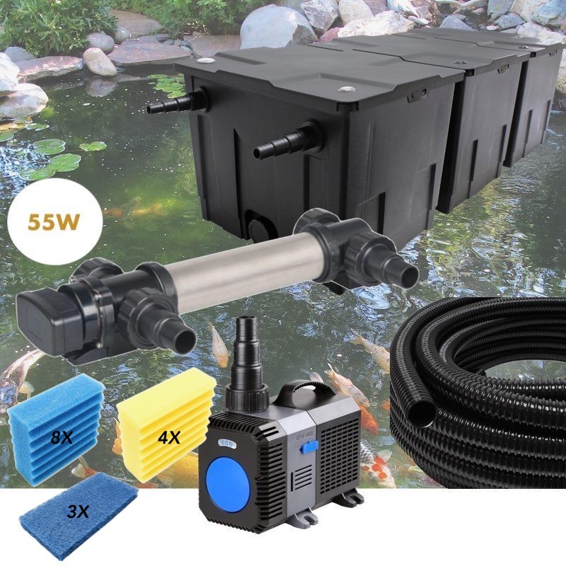 Kit Filtration UV 55 W, Acier Inoxydable, + Jeu de mousses Bassin de Jardin: 40-60 m³