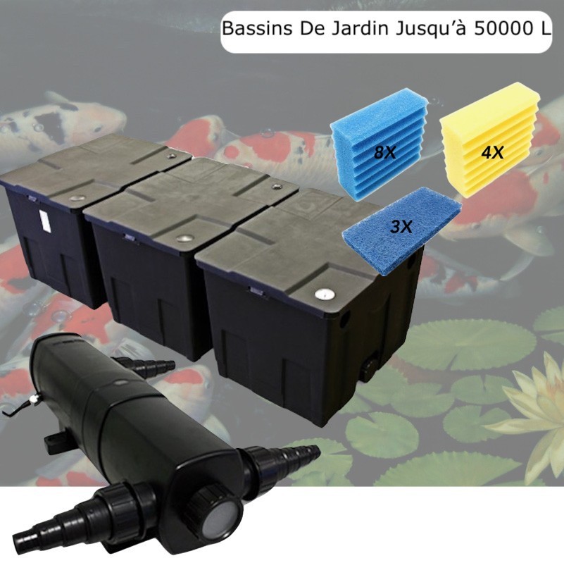 Filtre Bassin + Clarificateur UV Stérilisateur 36W, + Jeu de mousses Bassin De Jardin Jusqu'à 50000 Litres