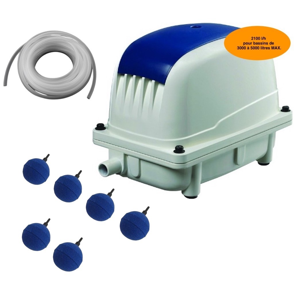 Set Aérateur Bassin Pompe à air 2100 l/h 6 boules diffuseur SILENCIEUX. Pour 4000 litres environ