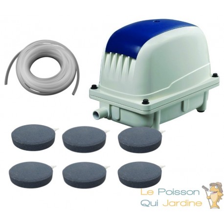 Set Aérateur Bassin Pompe à air 3600 l/h 6 diffuseurs 10 cm de diamètre SILENCIEUX. Pour 4000 litres environ