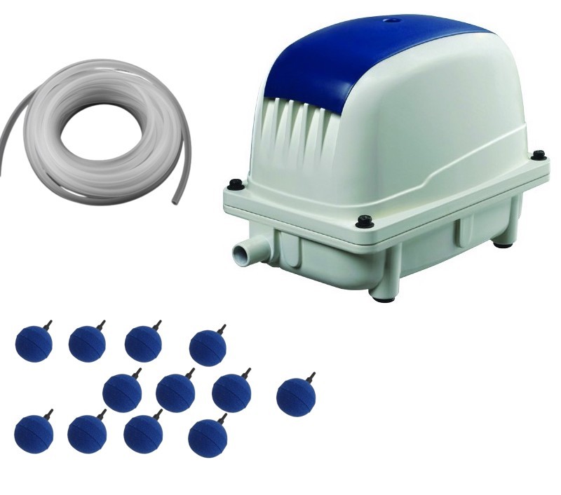 Set Aérateur Bassin Pompe à air 12000 l/h 12 diffuseurs boules 5 cm de diamètre SILENCIEUX. Pour 12000 - 15000 litres environ