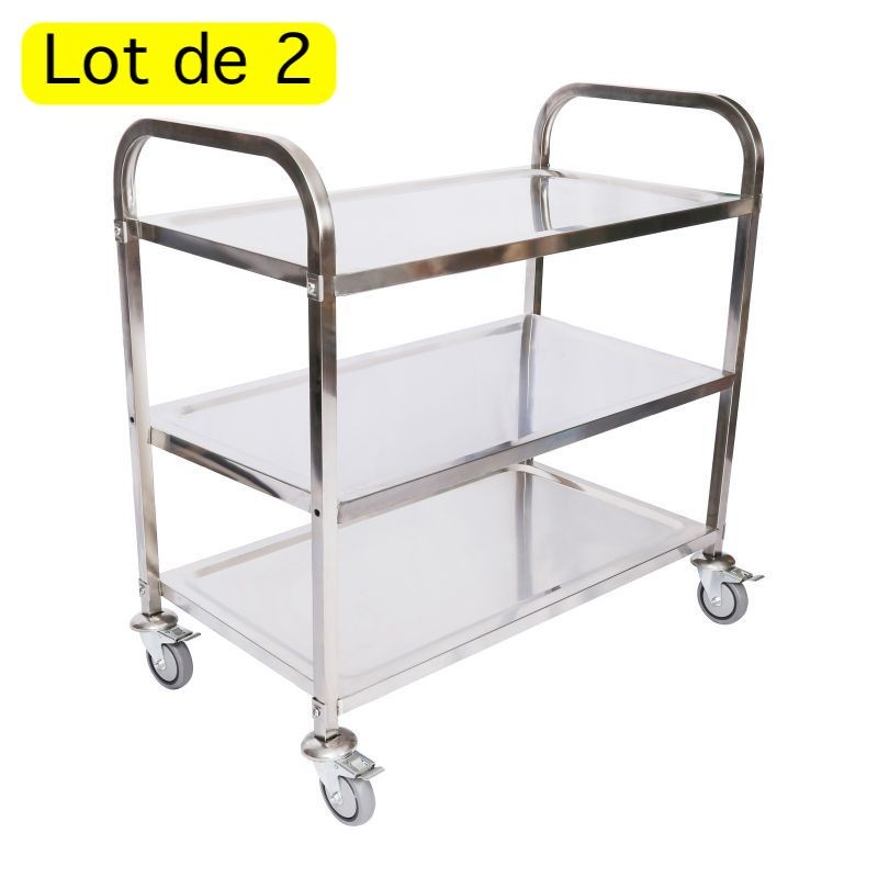 Lot de 2 Chariots inox 150kg 2 étagères desserte à roulettes pour restaurant ou cuisine collective